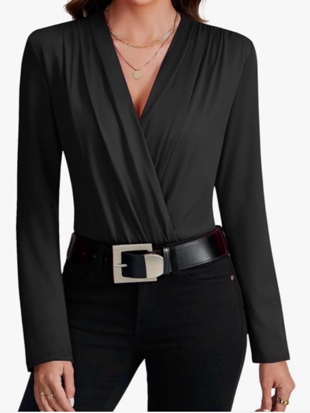 Lyaner Black Ruched Wrapped Deep V Neck Long Sleeve Bodysuit Size L